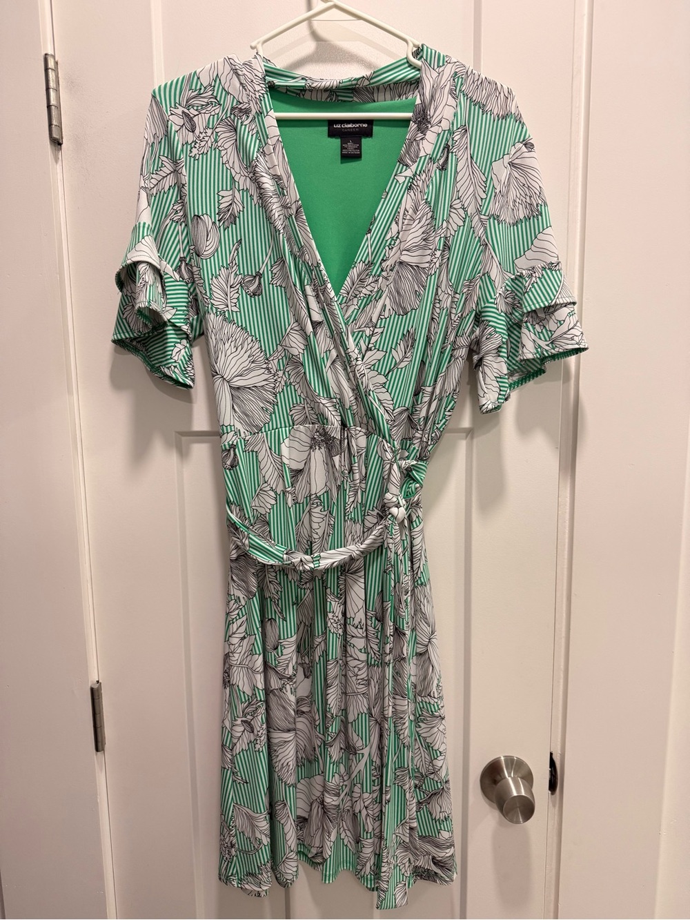 Liz Claiborne Green and White Floral Wrap Dress